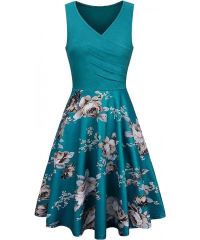 Womens Vintage Sleeveless Floral Print Skater Dress Swing Wrap V-Neck Dress Turquoise $11.04 Dresses