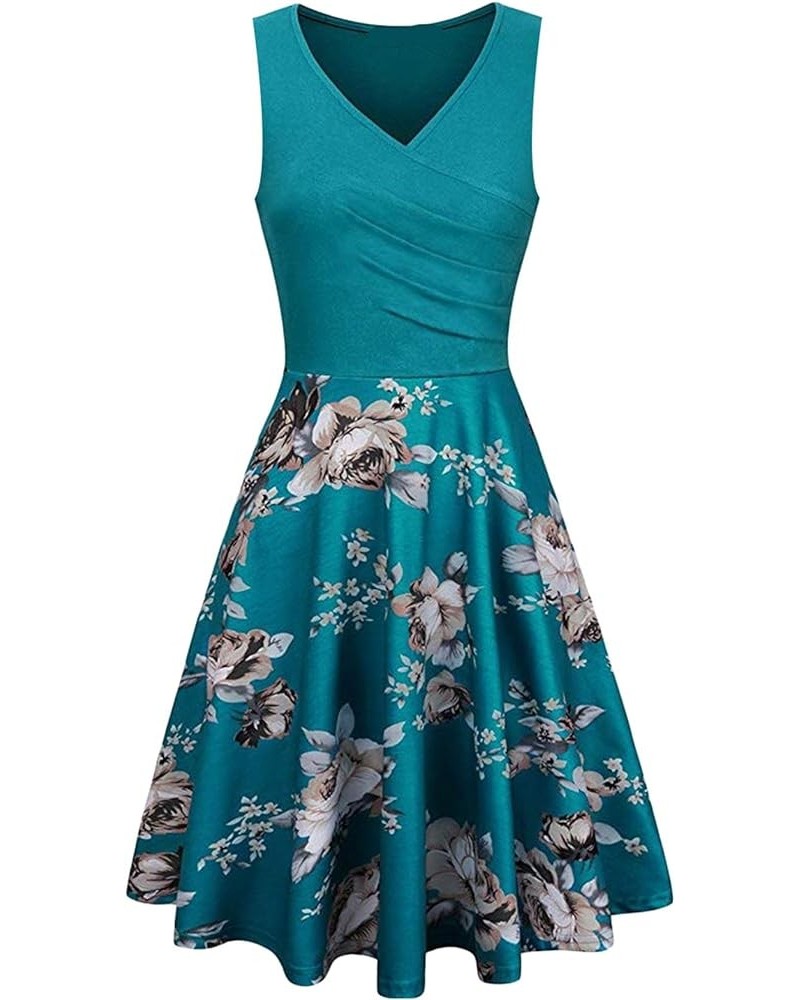 Womens Vintage Sleeveless Floral Print Skater Dress Swing Wrap V-Neck Dress Turquoise $11.04 Dresses