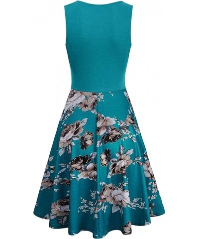 Womens Vintage Sleeveless Floral Print Skater Dress Swing Wrap V-Neck Dress Turquoise $11.04 Dresses