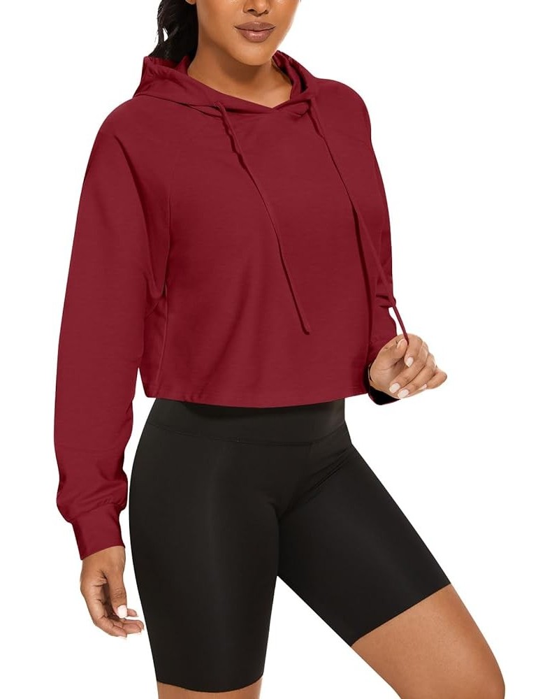 Womens Casual Crop Hoodie Long Sleeve Drawstring Top Loose Sweatshirt Wine Red $17.59 Hoodies & Sweatshirts