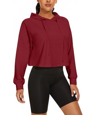 Womens Casual Crop Hoodie Long Sleeve Drawstring Top Loose Sweatshirt Wine Red $17.59 Hoodies & Sweatshirts