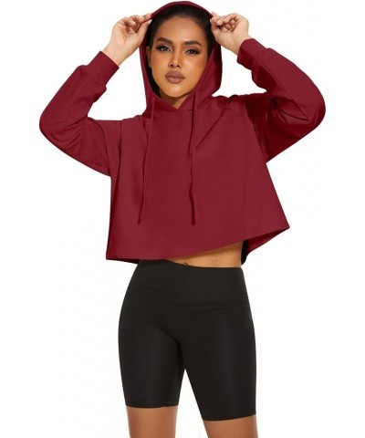 Womens Casual Crop Hoodie Long Sleeve Drawstring Top Loose Sweatshirt Wine Red $17.59 Hoodies & Sweatshirts