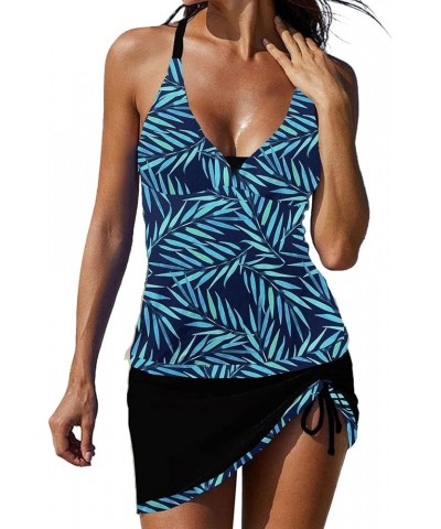 Womens Tankini Swimsuits with Drawstring Skirt Sexy Halter String Tankini Top 2 Piece Bathing Suits Printed Swimwear A06-blue...