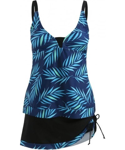 Womens Tankini Swimsuits with Drawstring Skirt Sexy Halter String Tankini Top 2 Piece Bathing Suits Printed Swimwear A06-blue...