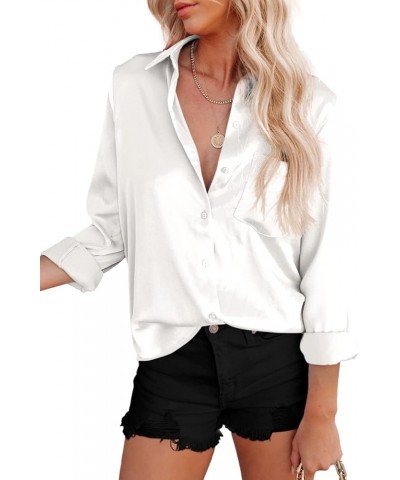 Womens Satin Tops Button Down Shirts Solid Collared Casual Blouse Long Sleeve Dressy Shirt with Bust Pocket White $11.01 Blouses