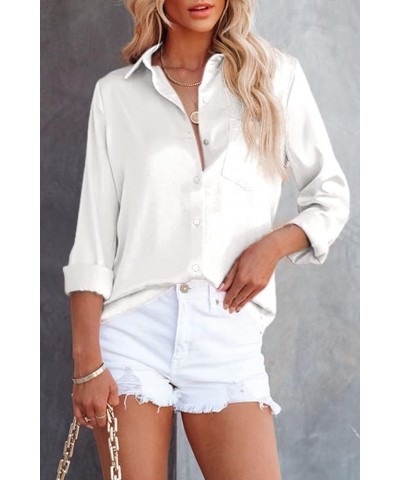 Womens Satin Tops Button Down Shirts Solid Collared Casual Blouse Long Sleeve Dressy Shirt with Bust Pocket White $11.01 Blouses