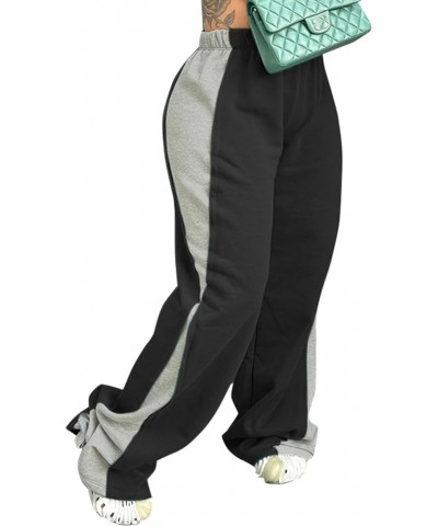 Women Fleece Lined Sweatpants Elastic High Waist Color Block Baggy Wide Leg Pants Club Outfits Black $14.70 Activewear