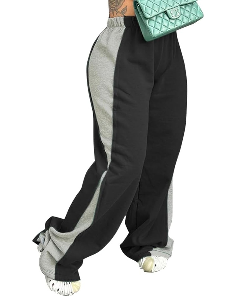 Women Fleece Lined Sweatpants Elastic High Waist Color Block Baggy Wide Leg Pants Club Outfits Black $14.70 Activewear