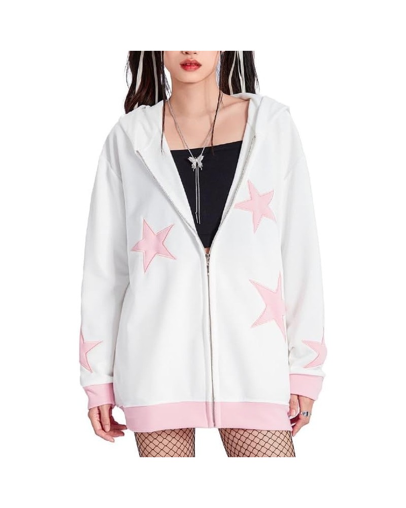 Women Y2k Star Print Hoodie Zip Up Oversized Sweatshirt Fairy Grunge Aesthetic Baggy Jacket Hurajuku Streetwear D-white&pink ...