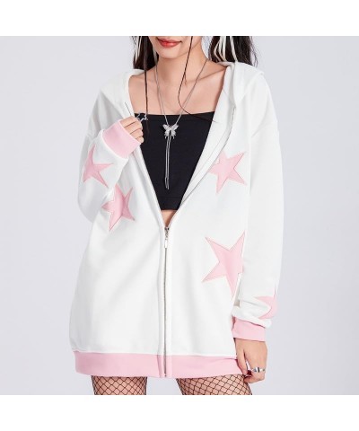 Women Y2k Star Print Hoodie Zip Up Oversized Sweatshirt Fairy Grunge Aesthetic Baggy Jacket Hurajuku Streetwear D-white&pink ...