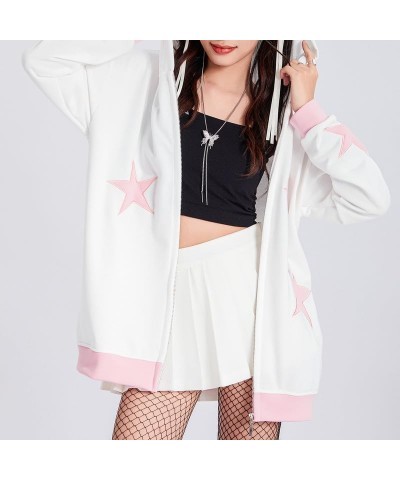 Women Y2k Star Print Hoodie Zip Up Oversized Sweatshirt Fairy Grunge Aesthetic Baggy Jacket Hurajuku Streetwear D-white&pink ...