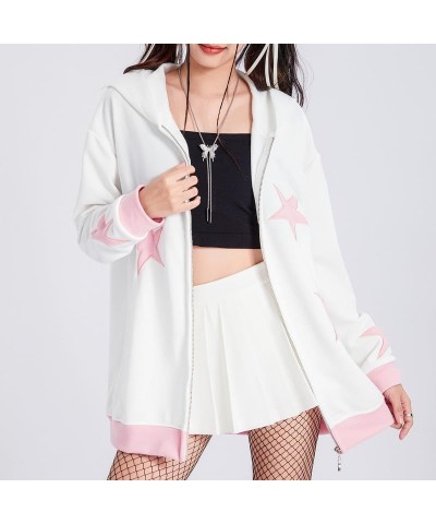 Women Y2k Star Print Hoodie Zip Up Oversized Sweatshirt Fairy Grunge Aesthetic Baggy Jacket Hurajuku Streetwear D-white&pink ...