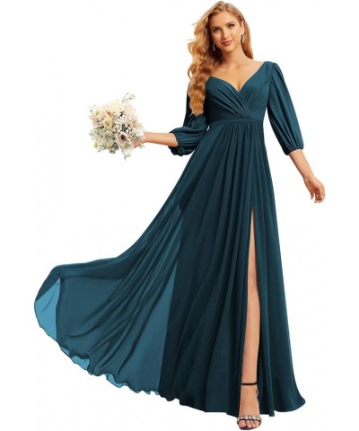 Chiffon Bridesmaid Dresses for Women with 3/4 Sleeves Long V Neck Formal Evening Dress with Slit CM137 Teal $36.91 Dresses