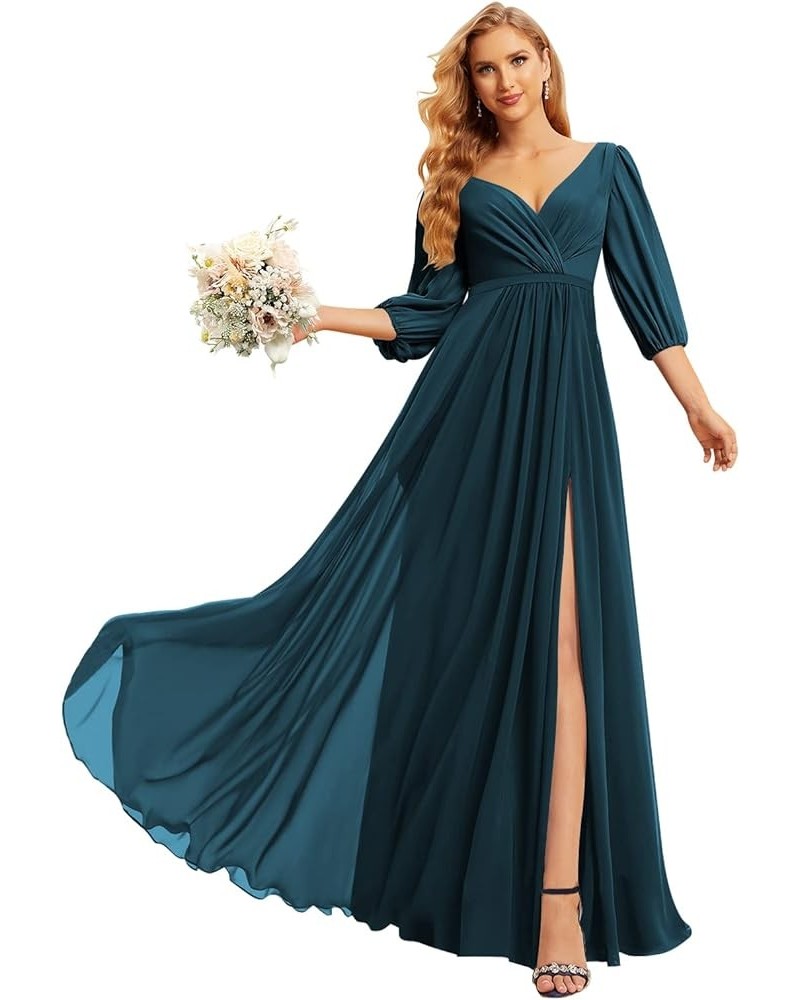 Chiffon Bridesmaid Dresses for Women with 3/4 Sleeves Long V Neck Formal Evening Dress with Slit CM137 Teal $36.91 Dresses