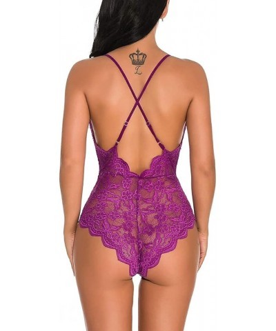 Women Lace Bodysuit One Piece Babydoll Backless Mini Teddy V Neck Lingerie Purple Type 1 $10.79 Lingerie