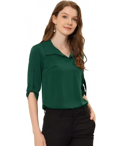 Women's St. Patrick's Day Work Tops Lapel Collar V Neck Roll Up Long Sleeve Shirt Blouse Dark Green $10.50 Blouses