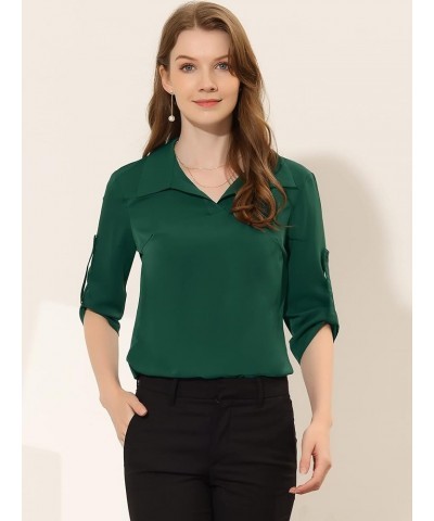 Women's St. Patrick's Day Work Tops Lapel Collar V Neck Roll Up Long Sleeve Shirt Blouse Dark Green $10.50 Blouses