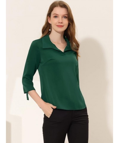 Women's St. Patrick's Day Work Tops Lapel Collar V Neck Roll Up Long Sleeve Shirt Blouse Dark Green $10.50 Blouses