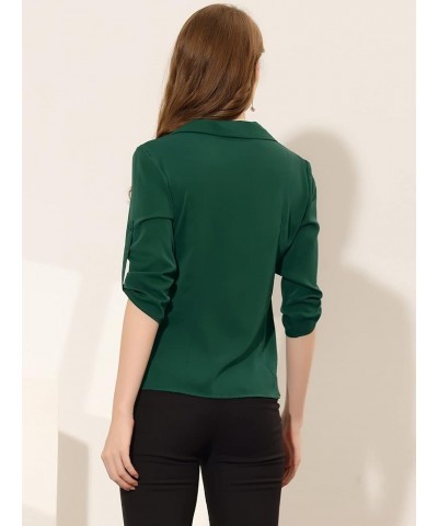 Women's St. Patrick's Day Work Tops Lapel Collar V Neck Roll Up Long Sleeve Shirt Blouse Dark Green $10.50 Blouses