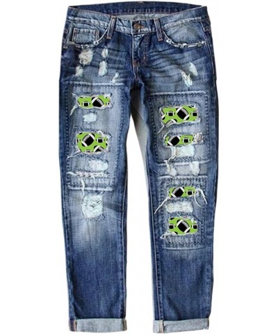 Womens Plaid Patch Jeans Ripped Boyfriend Distressed Jeans Football Print Jeans Straight Leg Denim Pants S-5XL C02 Blue $27.7...