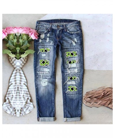 Womens Plaid Patch Jeans Ripped Boyfriend Distressed Jeans Football Print Jeans Straight Leg Denim Pants S-5XL C02 Blue $27.7...