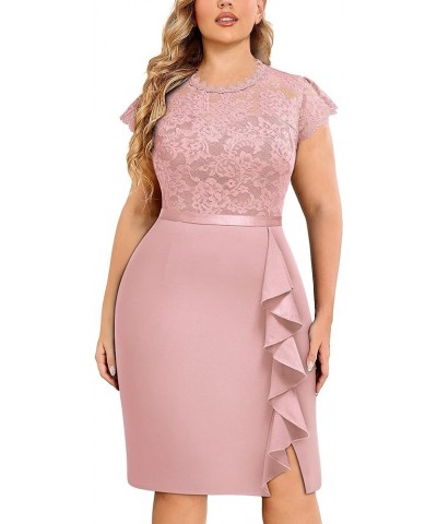 Women's Plus Size Floral Lace Contrast Ruffles Split Evening Cocktail Dress Pink $24.44 Dresses