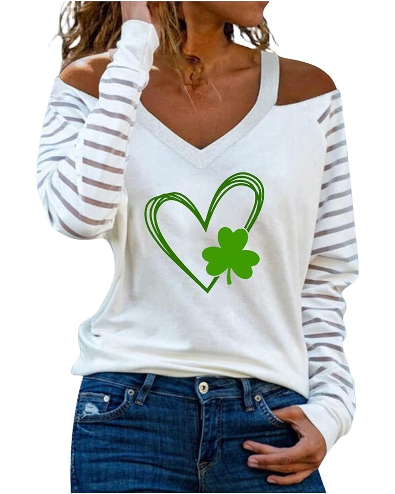 Saint Patricks Day Womens Cold Shoulder Long Sleeve Heart Green Clover Print Shirts Blouse Breathable Loose Tee Tops White 6 ...