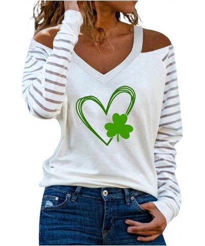 Saint Patricks Day Womens Cold Shoulder Long Sleeve Heart Green Clover Print Shirts Blouse Breathable Loose Tee Tops White 6 ...