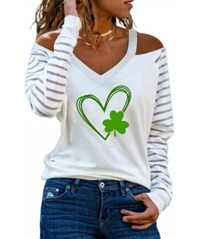 Saint Patricks Day Womens Cold Shoulder Long Sleeve Heart Green Clover Print Shirts Blouse Breathable Loose Tee Tops White 6 ...