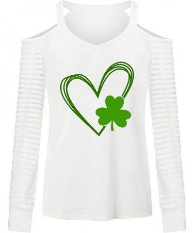 Saint Patricks Day Womens Cold Shoulder Long Sleeve Heart Green Clover Print Shirts Blouse Breathable Loose Tee Tops White 6 ...