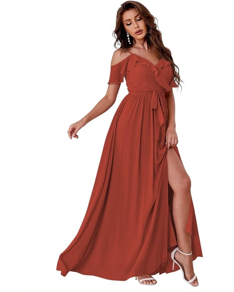 Women's Cold Shoulder Ruffled Bridesmaid Dress Long Split Chiffon Formal Party Dresses with Pockets SYYS342 Rust $34.07 Dresses