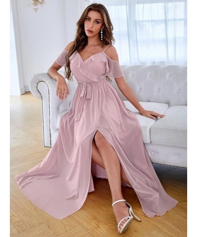 Women's Cold Shoulder Ruffled Bridesmaid Dress Long Split Chiffon Formal Party Dresses with Pockets SYYS342 Rust $34.07 Dresses