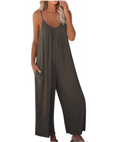 Women'S Casual Sleeveless Jumpsuits Loose Summer Spaghetti Strap Overalls Plus Size Long Pants Romper With Pockets A-dark Gra...