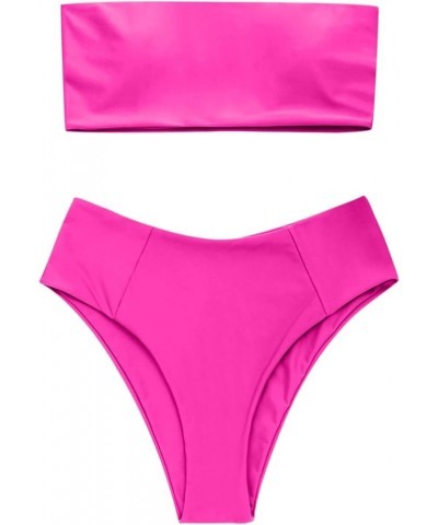 Women's Strapless Solid Color 2 Pieces Swimsuit Bandeau Bikini Bathing Suit 4-rose Red $16.17 Swimsuits