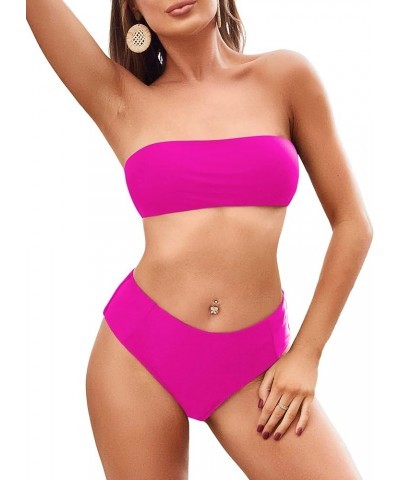 Women's Strapless Solid Color 2 Pieces Swimsuit Bandeau Bikini Bathing Suit 4-rose Red $16.17 Swimsuits