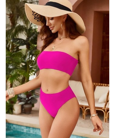 Women's Strapless Solid Color 2 Pieces Swimsuit Bandeau Bikini Bathing Suit 4-rose Red $16.17 Swimsuits