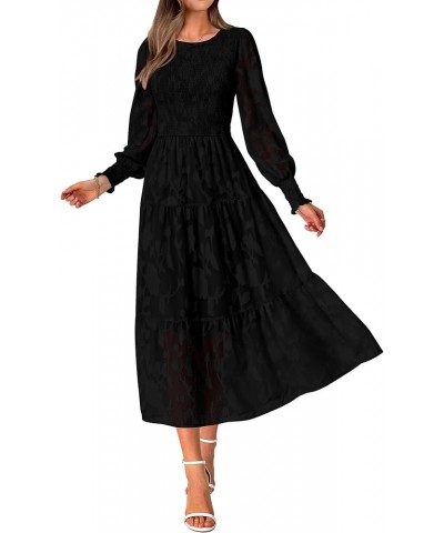 Casual Women's 2023 Fall Dresses Elegant Wedding Guest Dress Long Sleeve Floral Midi Dress Flowy Bohemian Long Dress Black $3...