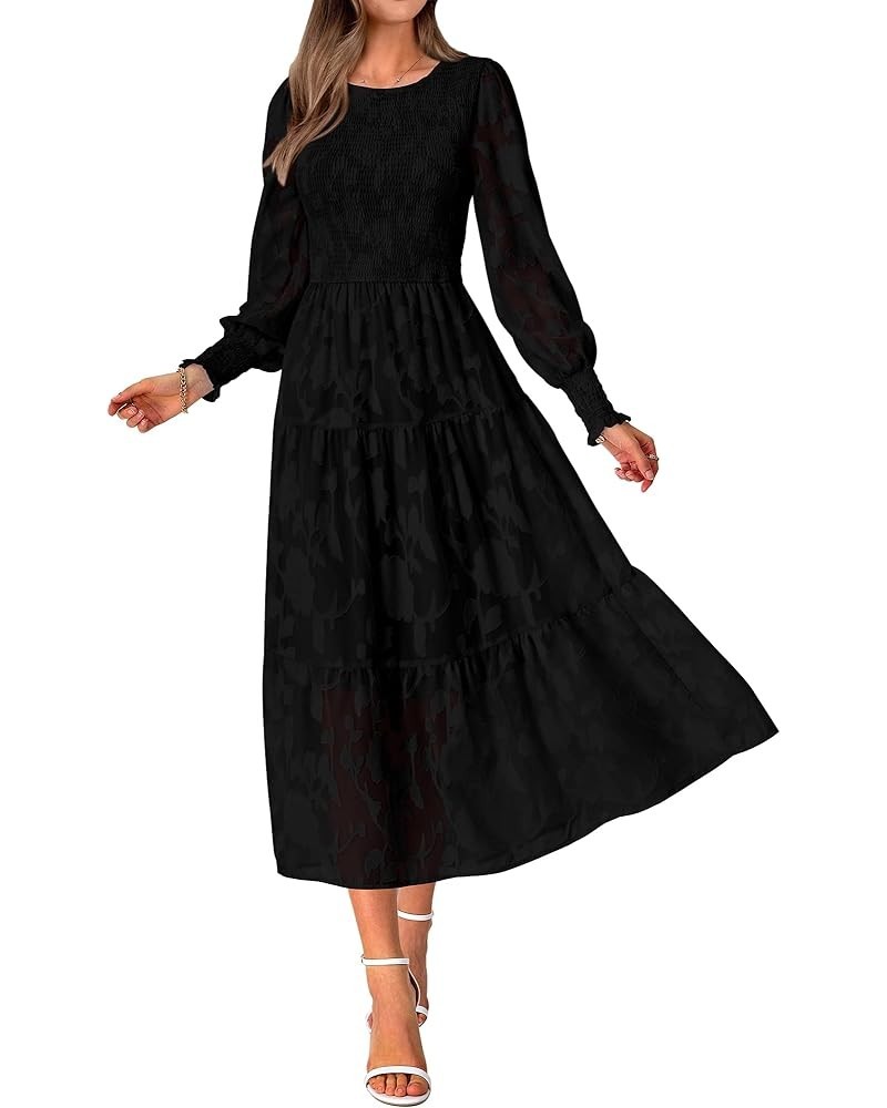 Casual Women's 2023 Fall Dresses Elegant Wedding Guest Dress Long Sleeve Floral Midi Dress Flowy Bohemian Long Dress Black $3...