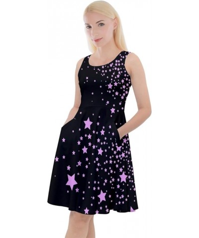 Womens Sun Dress Starry Night Moon Stars Space Constellation Planets Mrs Frizzle Knee Length Pocket Skater Dress Violet & Bla...