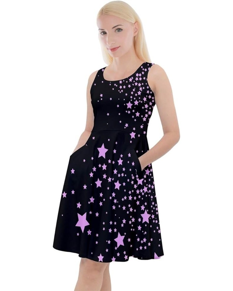 Womens Sun Dress Starry Night Moon Stars Space Constellation Planets Mrs Frizzle Knee Length Pocket Skater Dress Violet & Bla...