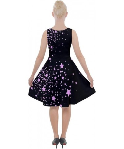 Womens Sun Dress Starry Night Moon Stars Space Constellation Planets Mrs Frizzle Knee Length Pocket Skater Dress Violet & Bla...