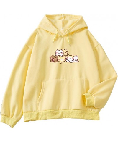 Women Tops Cartoon Cute Cat Pattern Cotton Hoodie Pocket Hoodies Sweatshirts Yellow $12.43 Hoodies & Sweatshirts