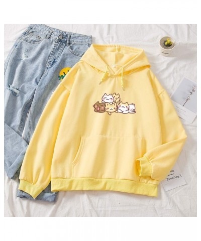 Women Tops Cartoon Cute Cat Pattern Cotton Hoodie Pocket Hoodies Sweatshirts Yellow $12.43 Hoodies & Sweatshirts