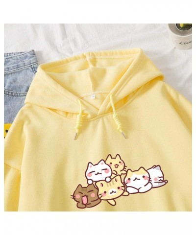 Women Tops Cartoon Cute Cat Pattern Cotton Hoodie Pocket Hoodies Sweatshirts Yellow $12.43 Hoodies & Sweatshirts