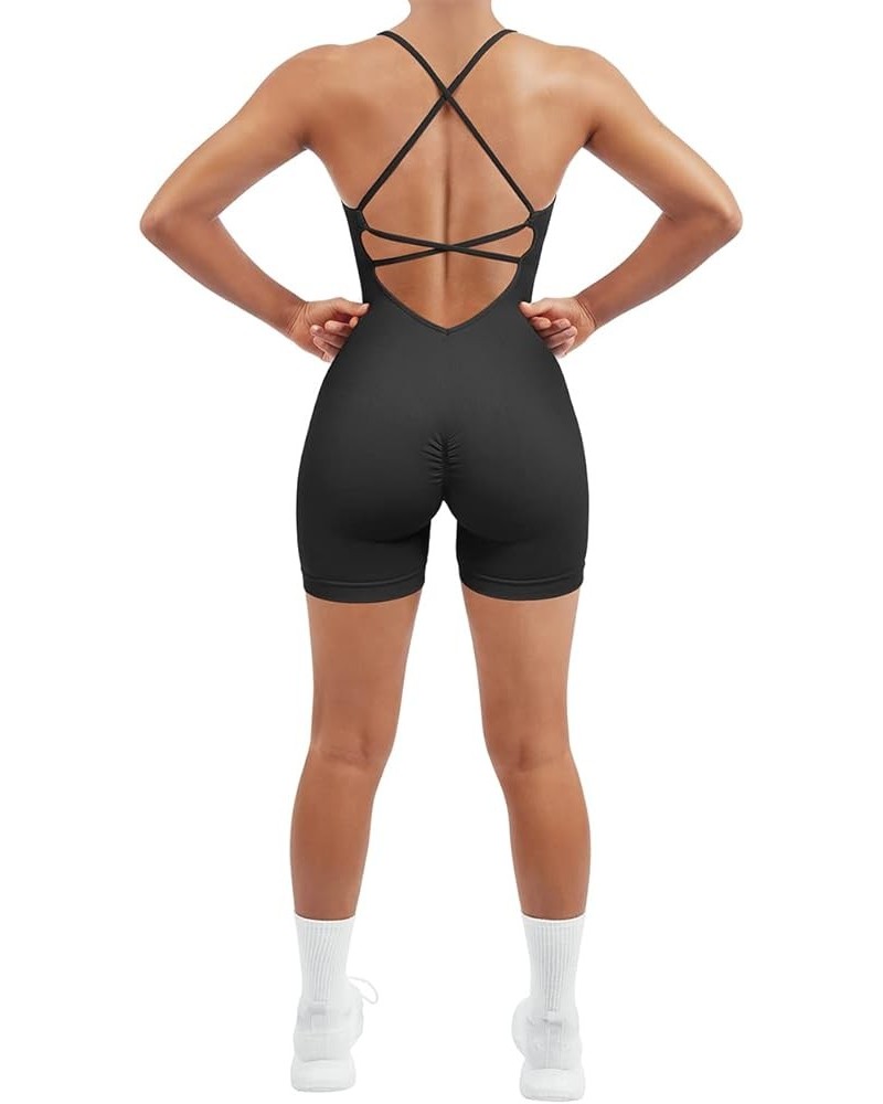 Women Strappy Romper Seamless Jumpsuit Tummy Control Padded Sports Bra 11 Black $15.63 Jumpsuits