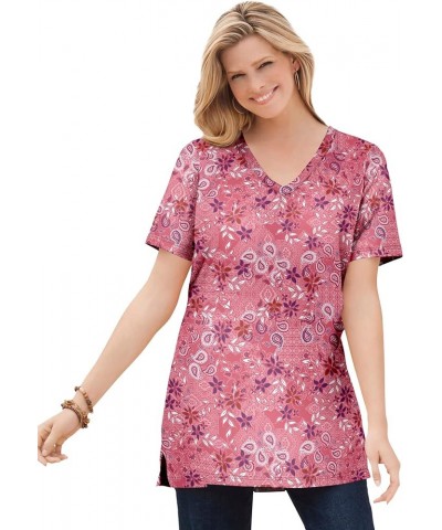 Women's Plus Size Perfect Printed Short-Sleeve Shirred V-Neck Tunic Rose Pink Patchwork $13.03 Others