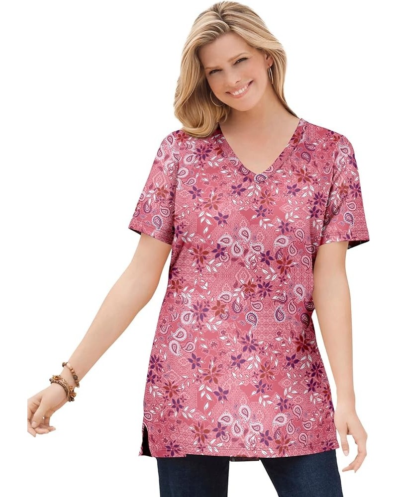 Women's Plus Size Perfect Printed Short-Sleeve Shirred V-Neck Tunic Rose Pink Patchwork $13.03 Others