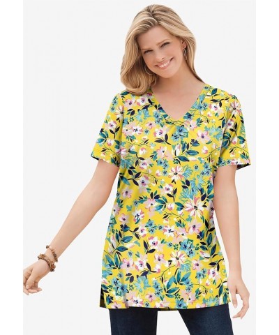 Women's Plus Size Perfect Printed Short-Sleeve Shirred V-Neck Tunic Rose Pink Patchwork $13.03 Others