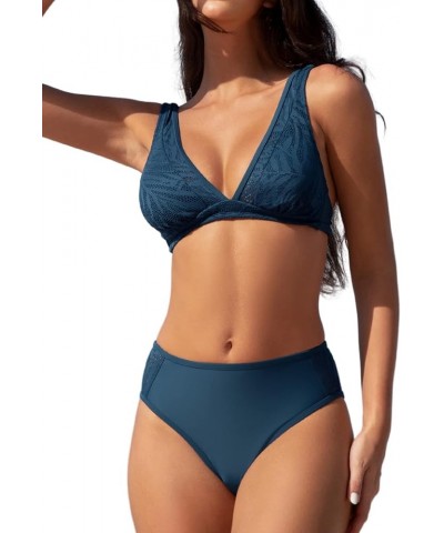 Women Swimsuit Bikini Set Two Piece Bathing Suit Crochet Mid Rise with Adjustable Wide Straps Indigo Blue $23.19 Swimsuits