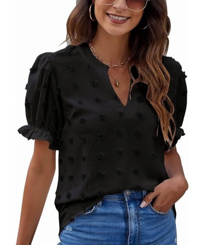 Womens Puff Sleeve Summer Tops Chiffon Short Sleeve Blouses White V Neck Pom Pom Shirts Black $11.39 Blouses